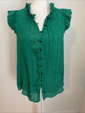 Anthropologie Green snake Ruffle-Sleeve Button Front sleeveless Blouse large